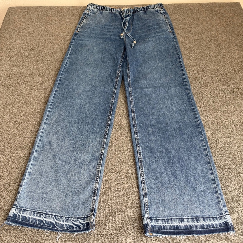 OAT New York Cloud Luxe Denim Wide Leg Drawstring Jeans Medium Wash Blue 8/29
